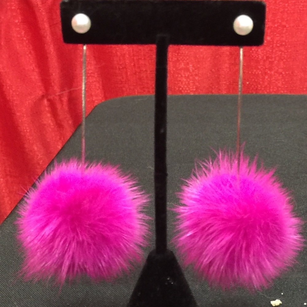 Hot Pink Mink Hanging Pom Pom Earrings 💖